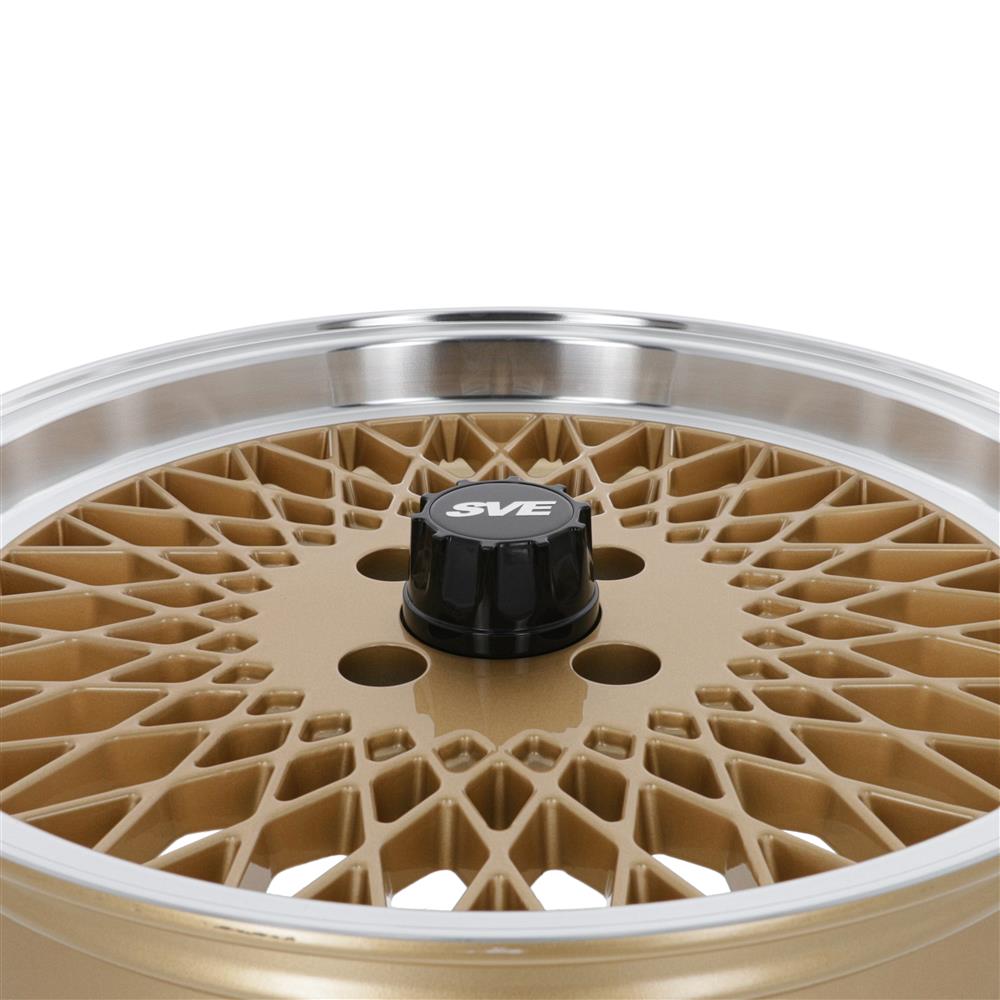 1979-1993 SVE Mustang Fox Body 4 Lug Mesh Wheel & Tire Kit - Classic Gold - 17x8 - HTR Z5 Tires