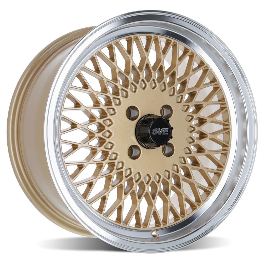 1979-1993 SVE Mustang Fox Body 4 Lug Mesh Wheel & Tire Kit - Classic Gold - 17x8 - HTR Z5 Tires