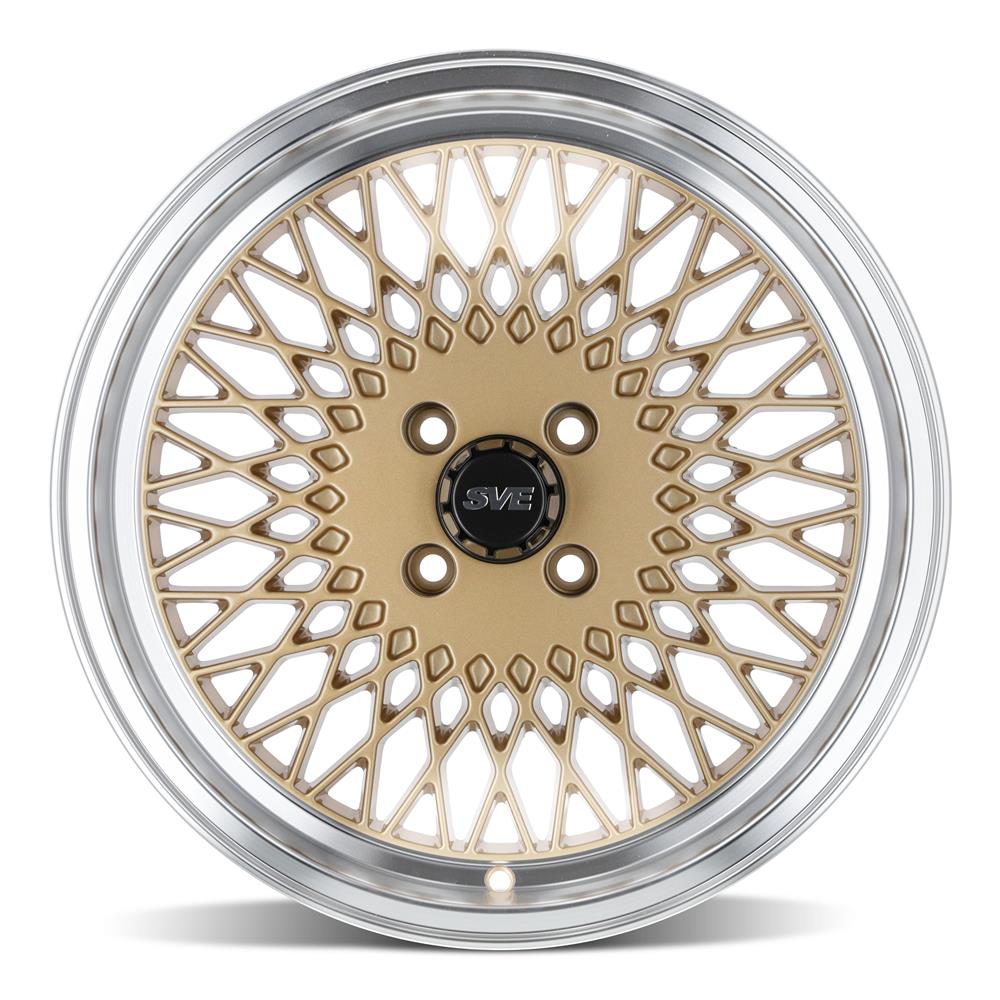1979-1993 SVE Mustang Fox Body 4 Lug Mesh Wheel & Tire Kit - Classic Gold - 17x8 - HTR Z5 Tires