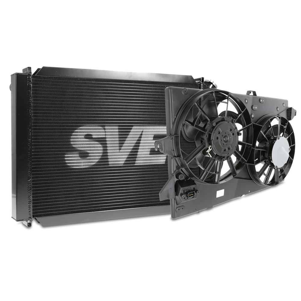 1986-93 Mustang SVE Aluminum Radiator & Contour Fan Kit with HD Hoses  - Black 5.0