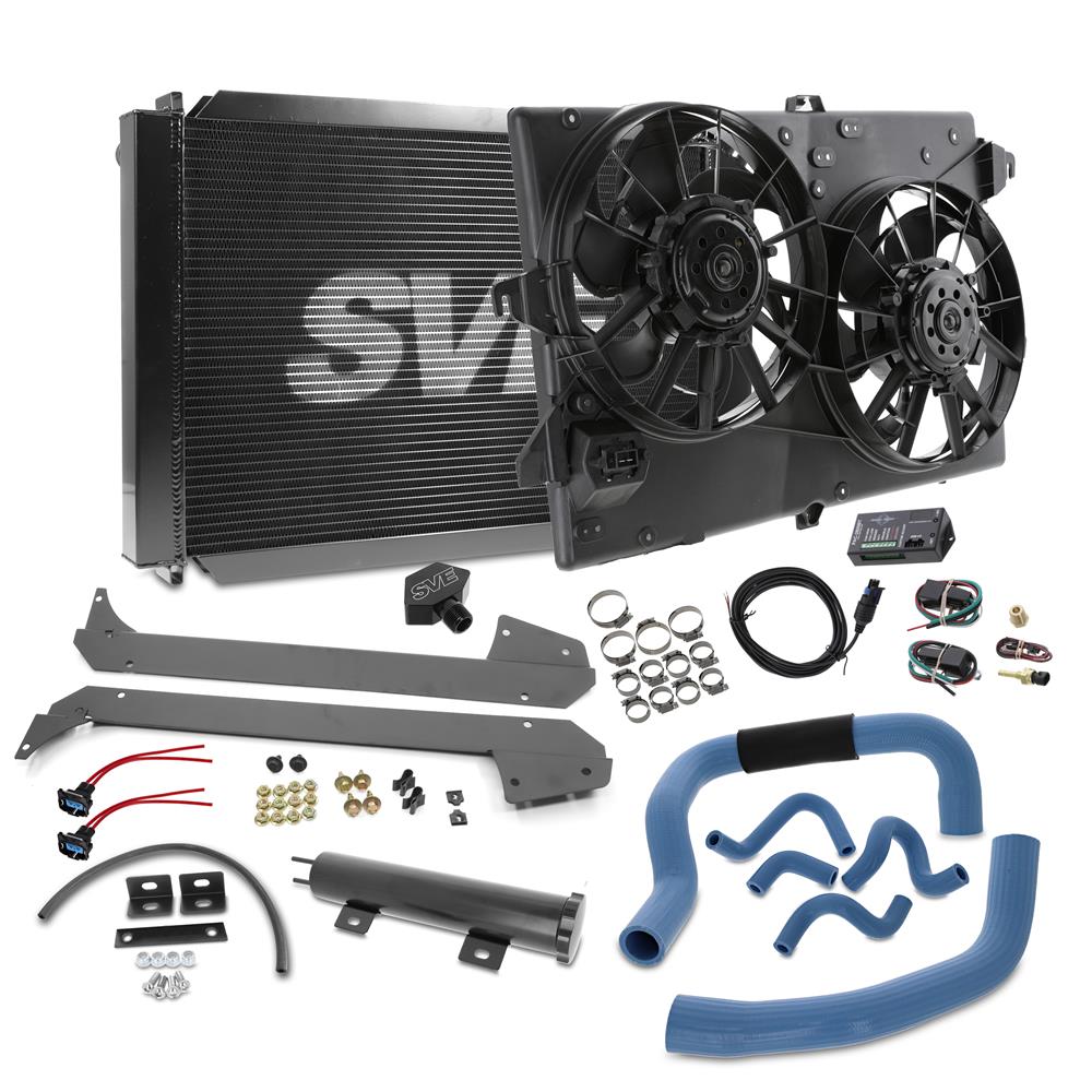 1986-93 Mustang SVE Aluminum Radiator & Contour Fan Kit with HD Hoses  - Black 5.0