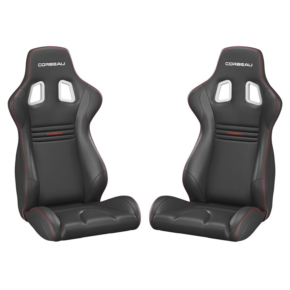 Mustang Corbeau Evolution X Seat - Pair Black Vinyl/Carbon w/ Red Stitch