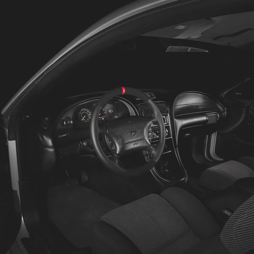 1994-98 Mustang SVE FR500 Style Steering Wheel  - Black Micro Suede W/ Red Reference Stripe 