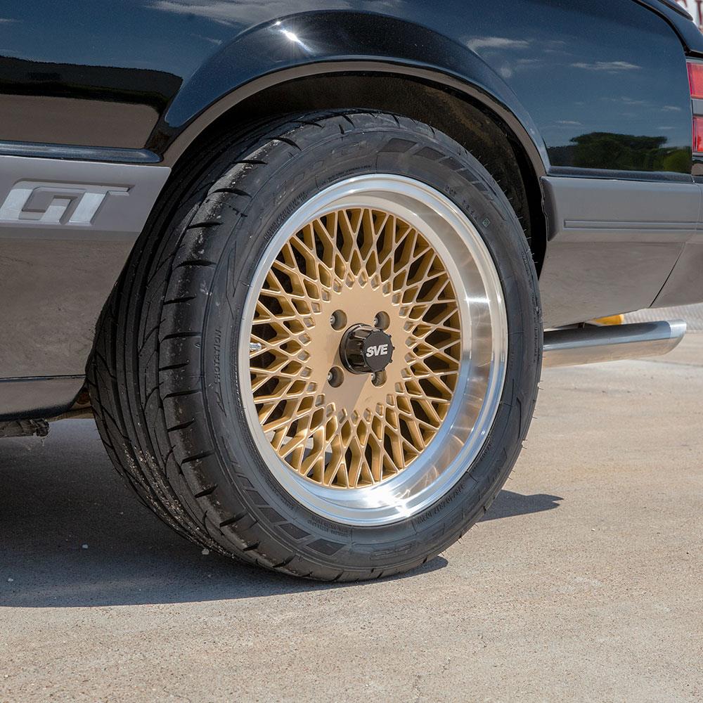 1979-93 Mustang SVE 4 Lug Mesh Wheel & Nitto Tire Kit - 17x8/9  - Classic Gold