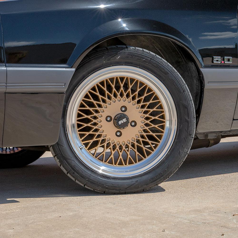 1979-1993 SVE Mustang Fox Body 4 Lug Mesh Wheel & Tire Kit - Classic Gold - 17x8 - HTR Z5 Tires